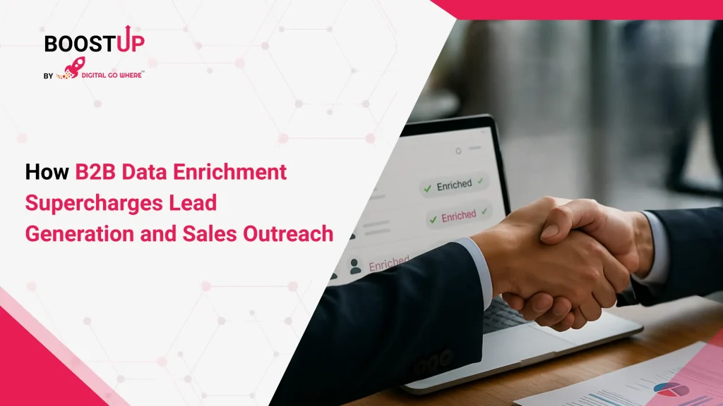 Two business professionals shaking hands in front of a laptop displaying enriched sales data, illustrating the benefits of B2B data enrichment for lead generation and sales outreach.